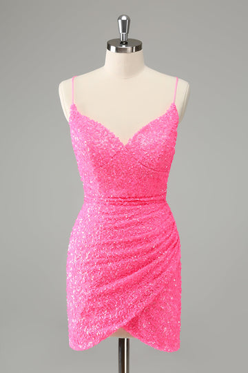 Vestido de cóctel con lentejuelas y tirantes finos ajustados rosa intenso con purpurina